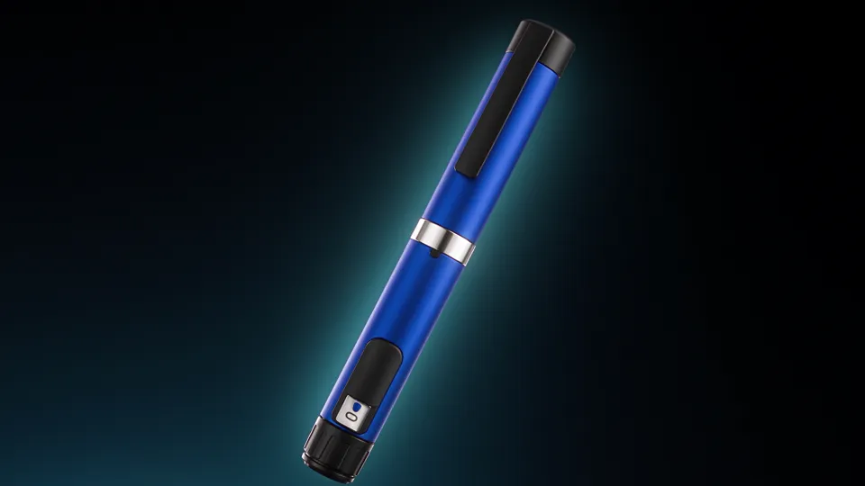 Illustrative component view of the blue EJ reusable pen and its top-mounted cartridge