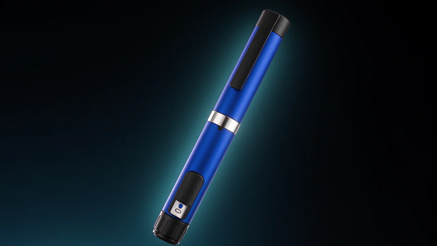 Cobalt-blue EJ reusable pen in a cinematic component reveal
